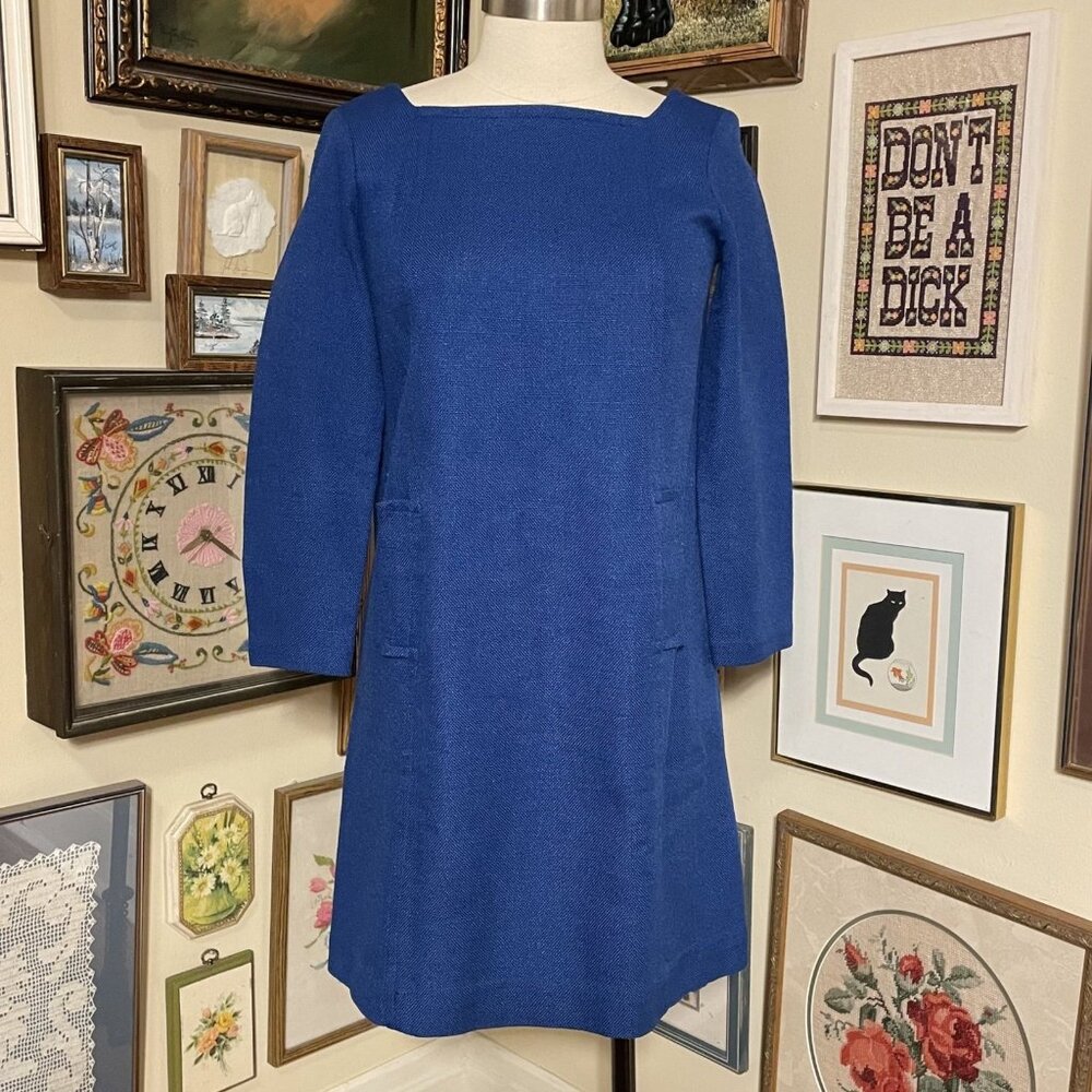 60s Vintage Classic Dark Blue Square Neck Burlap Shift Dress with Pockets Size M
